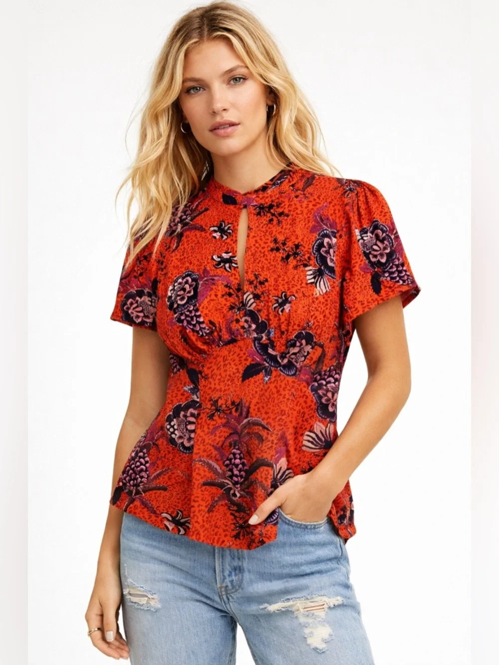 Free People “Hear Me Roar” Floral Keyhole Blouse – Size S - Picture 1 of 8